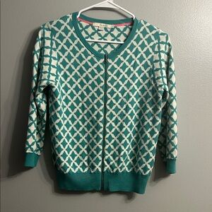 Boden green and white diamond zip up cardigan SZ US 8